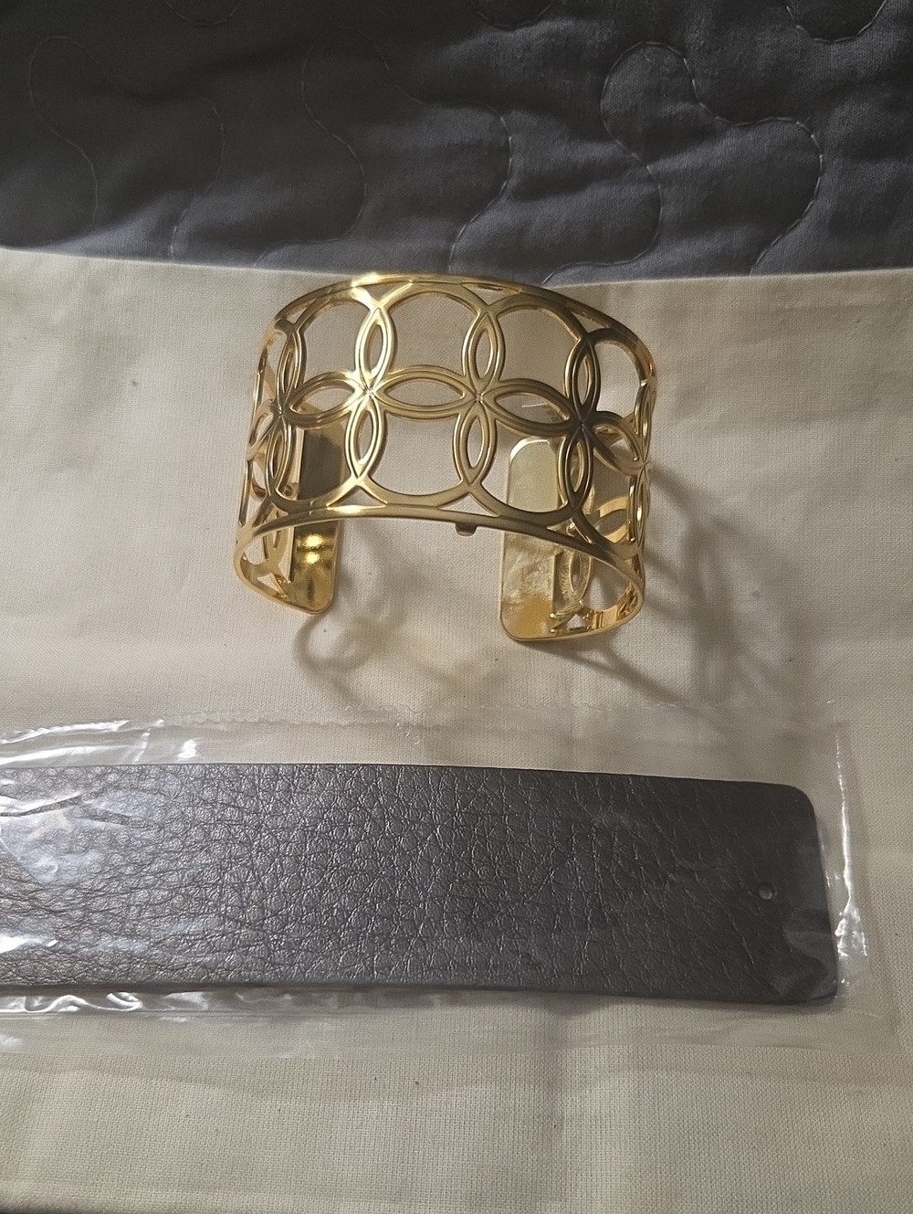 Brighton Gold Openwork Floral Cuff Bracelet/Leather Strap